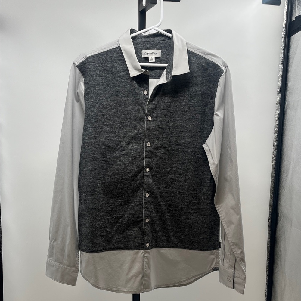 Calvin Klein Charcoal Front Panel Button-Up Shirt with Light Gray Sleeves
